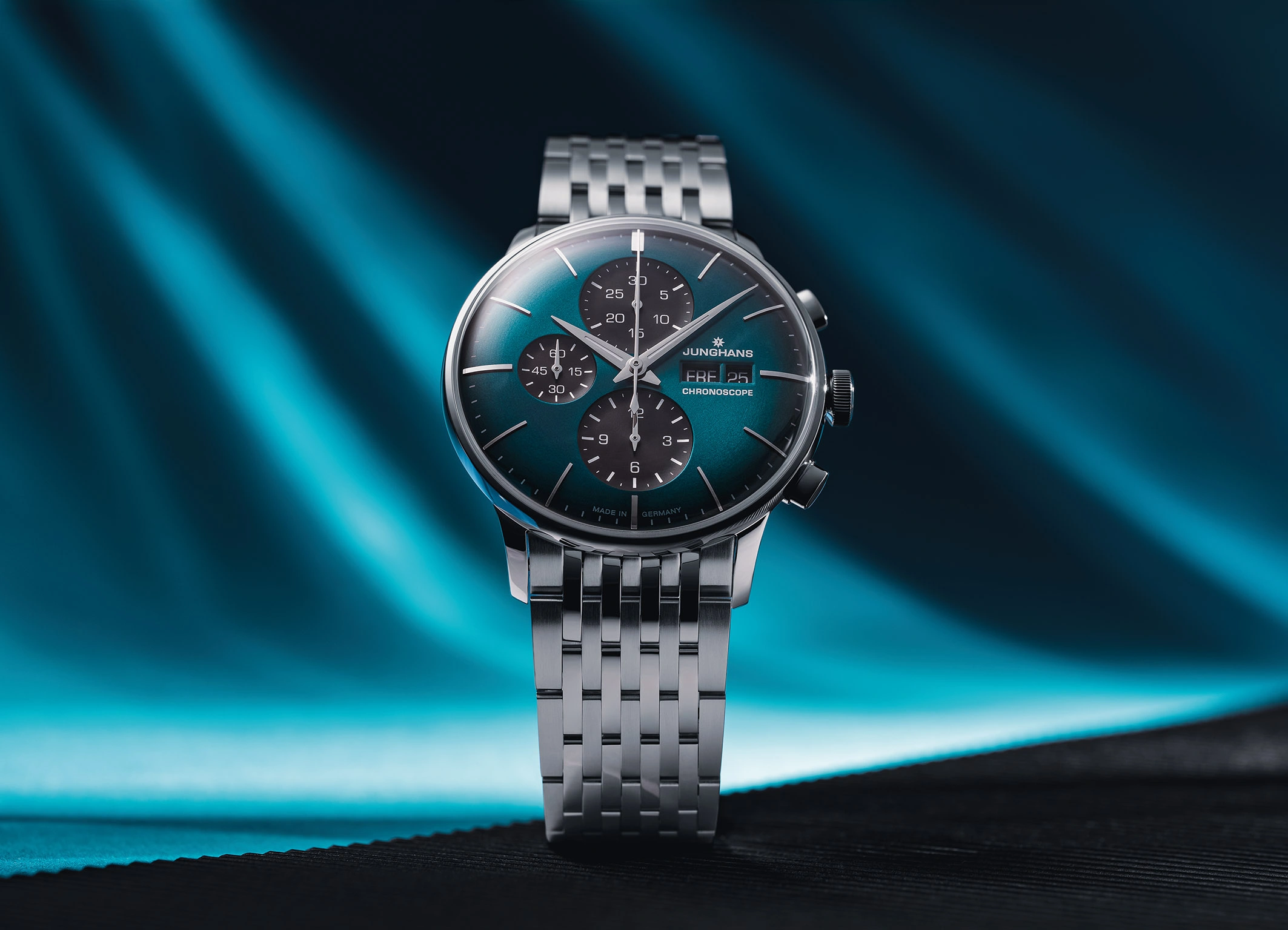 Junghans Meister Chronoscope limited edition with petrol blue dial and stainless steel bracelet