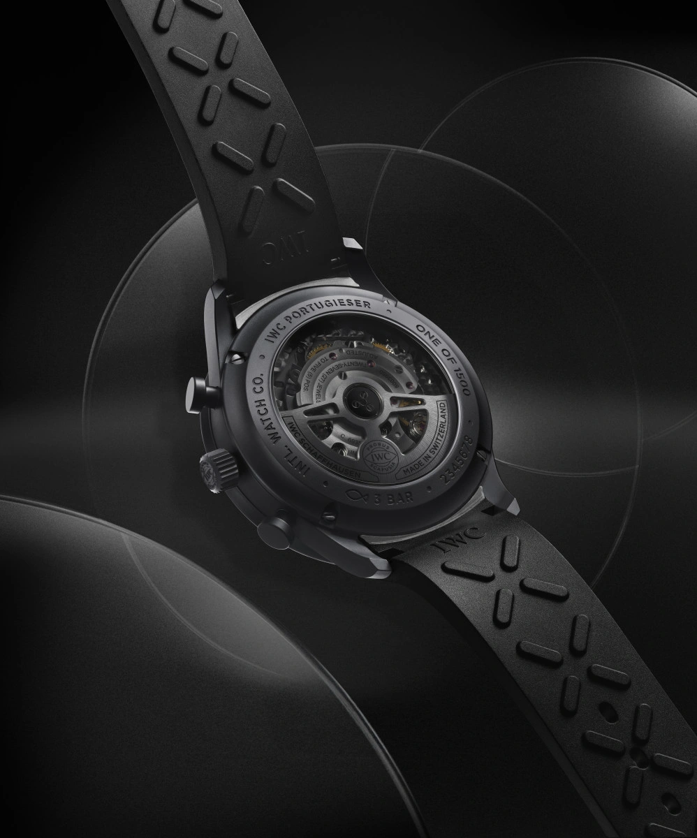 Caseback view of the IWC Portugieser Chronograph Ceratanium showing calibre 69355