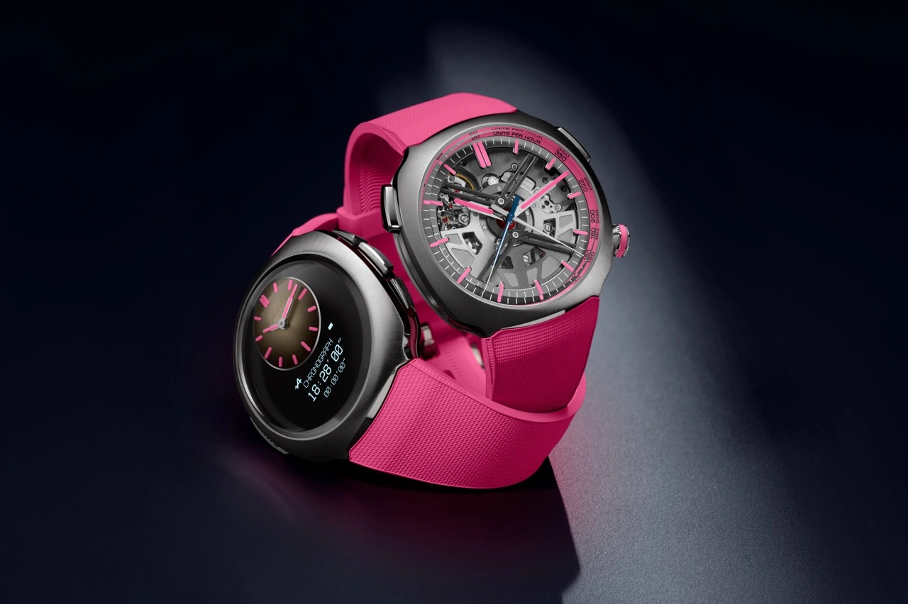 Close-up of the H. Moser Streamliner Alpine Drivers Pink Edition skeletonised dial with pink accents