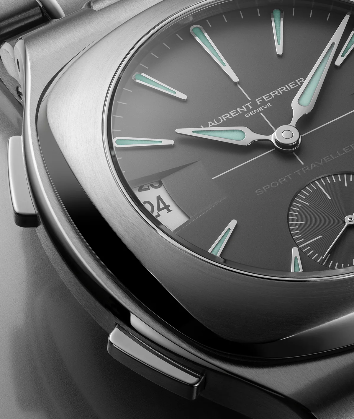 Laurent Ferrier Sport Traveller Slate Grey showing slate grey opaline dial and dual time apertures
