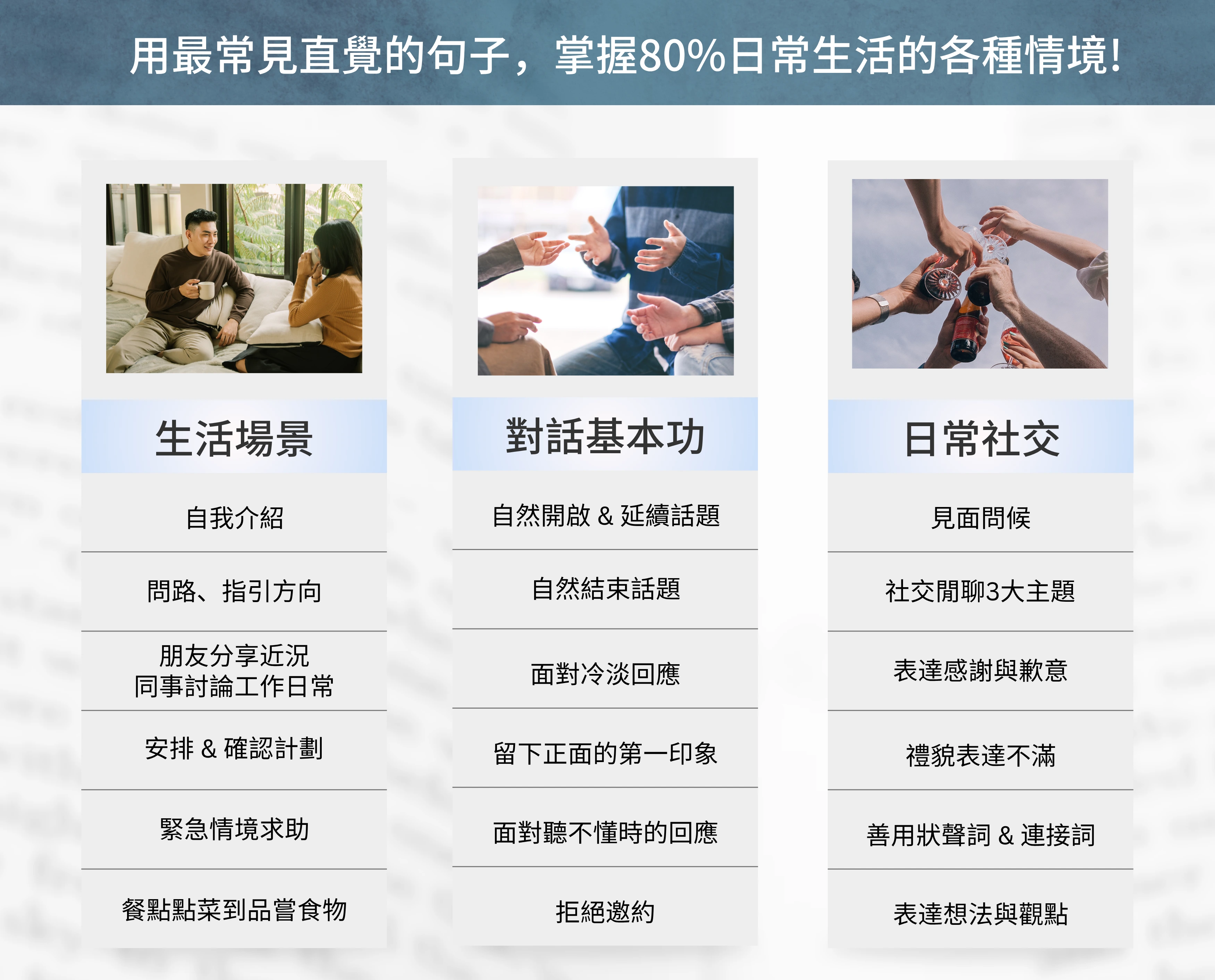 課程涵蓋的生活情境：生活場景、對話基本功、日常社交