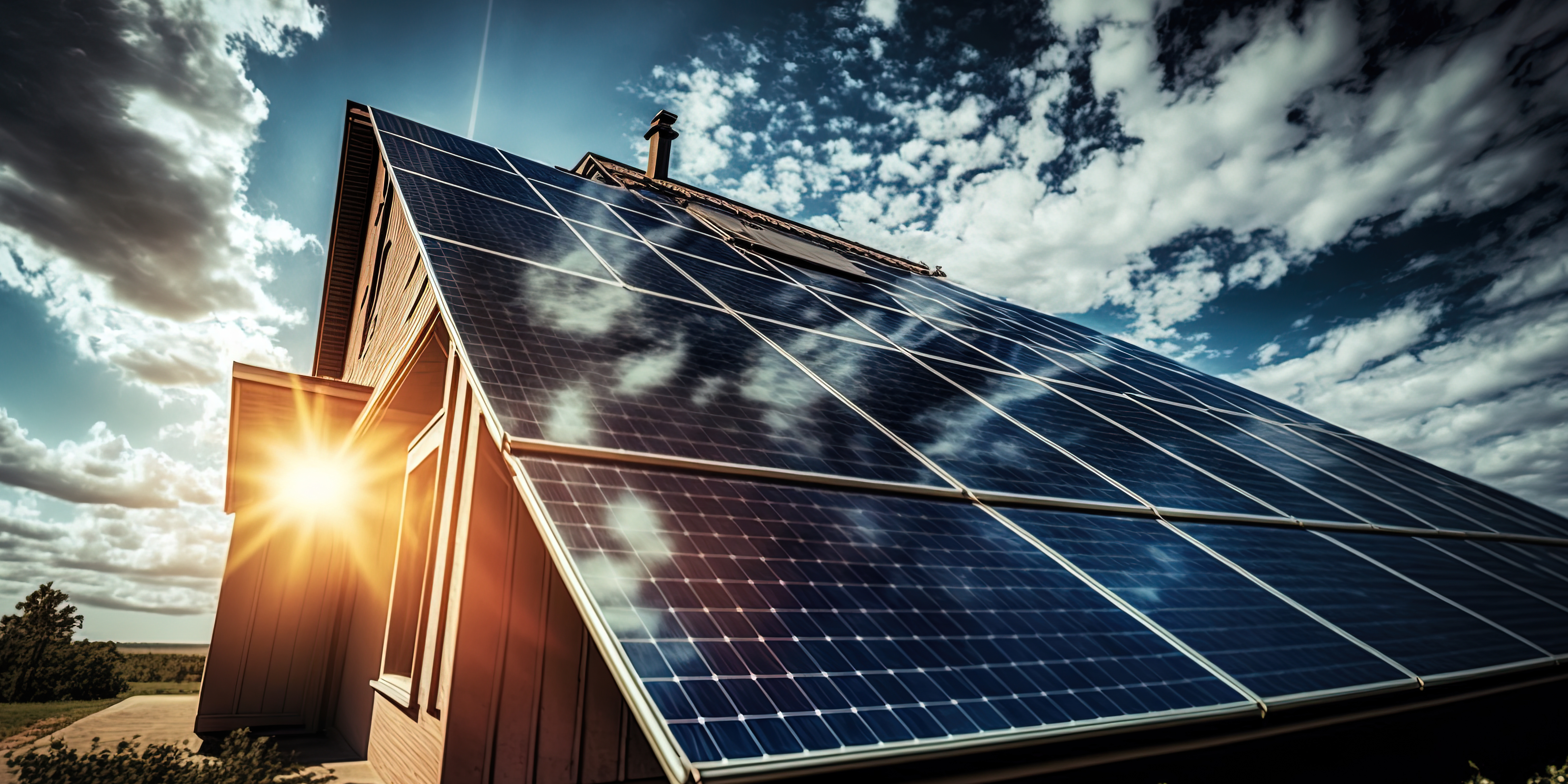 House with a solar array in morning light