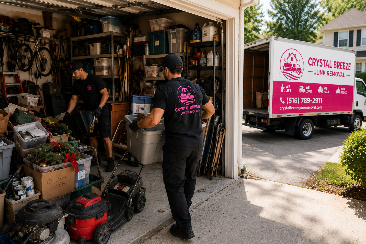 Crystal Breeze crew clearing a cluttered garage