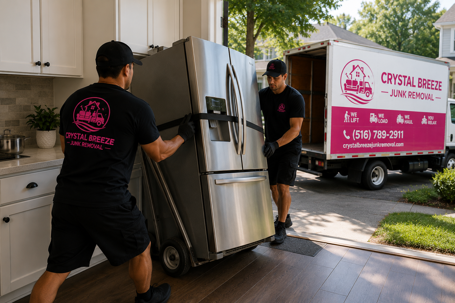 Crystal Breeze crew removing a refrigerator