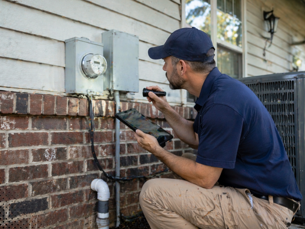 home inspector checking electrical meter and exterior systems bentonville ar