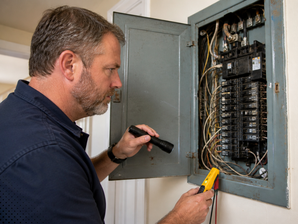 Home inspector examining electrical panel and wiring for safety during a home inspection in Bentonville AR