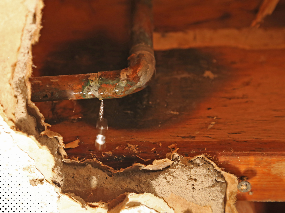 Leaking copper pipe under a home showing water damage and plumbing issues found during inspection in Bentonville AR