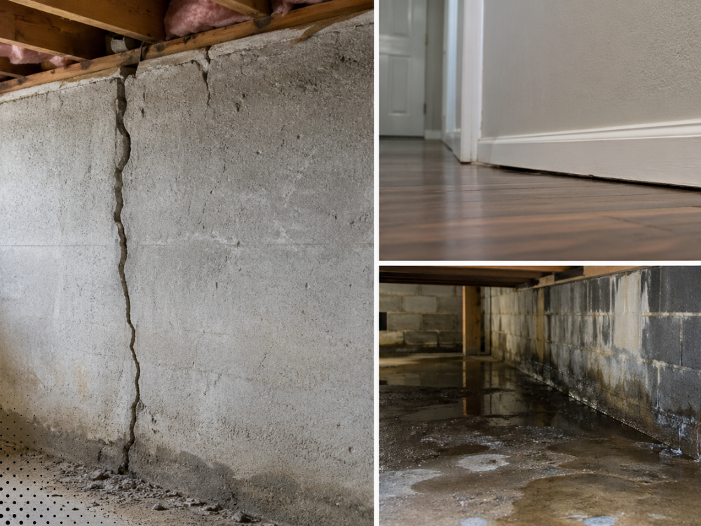 Cracked concrete foundation wall indicating structural concerns found during a home inspection in Bentonville AR