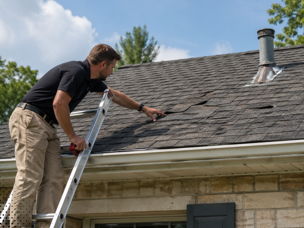 Home inspector checking damaged roof shingles and wear during a home inspection in Bentonville AR
