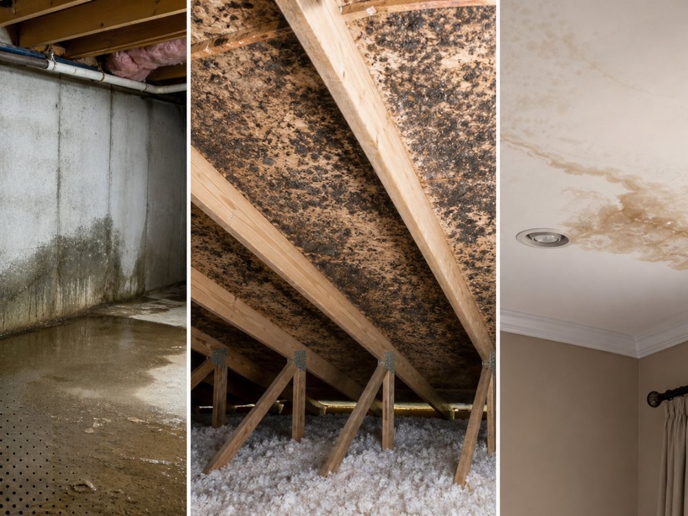 Mold growth and moisture damage in crawl space and attic areas discovered during a home inspection in Bentonville AR