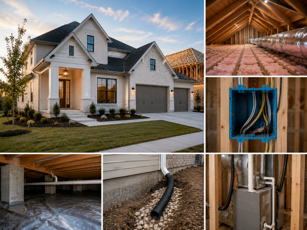 New construction home inspection in Bentonville AR showing attic insulation, HVAC connections, electrical wiring, crawl space, foundation drainage, and grading concerns