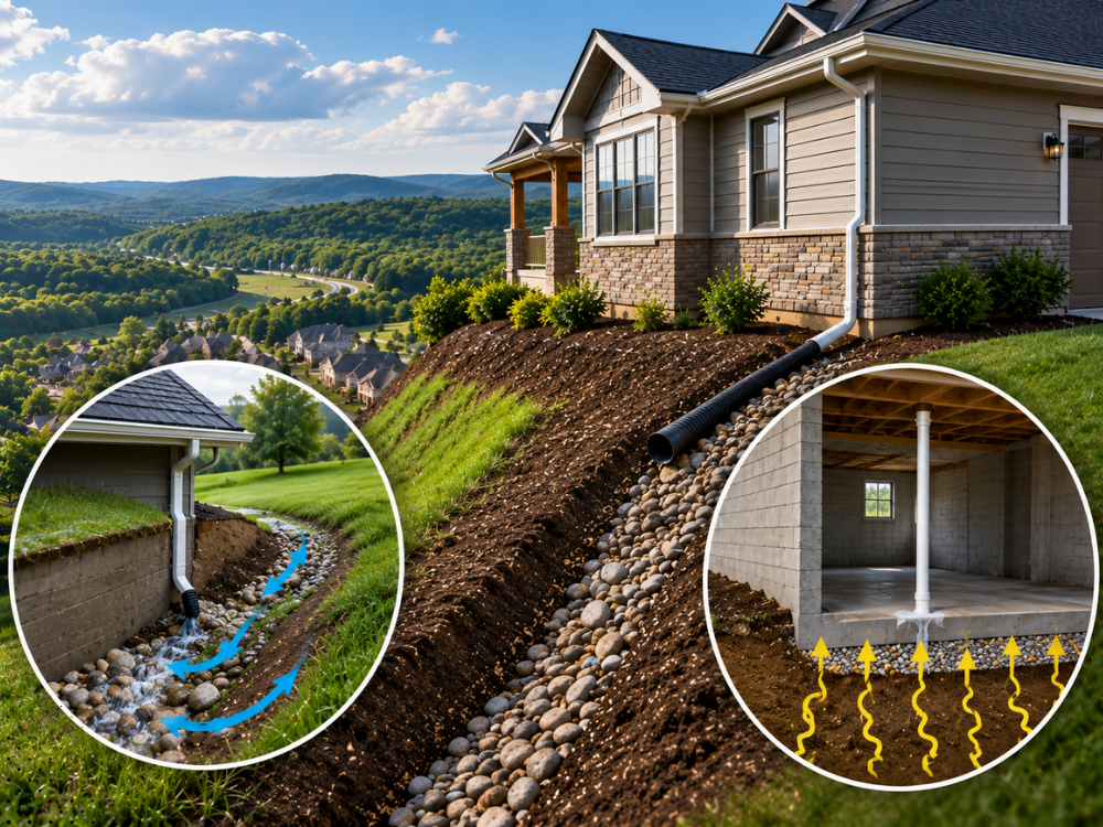 Bentonville AR hillside home showing Ozark drainage patterns, downspout runoff, foundation grading, and crawl space radon entry concerns for new construction buyers