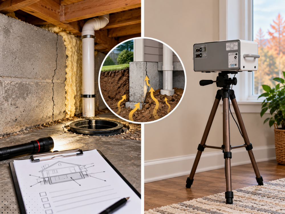 Radon testing inspection image showing crawl space entry points, foundation openings, soil gas movement, and radon monitor inside a Bentonville AR home