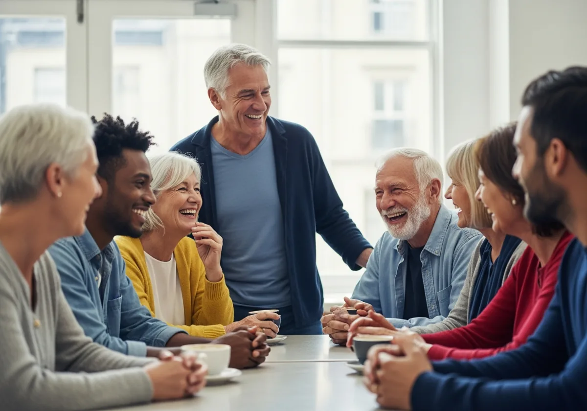A friendly group laughing together over coffee