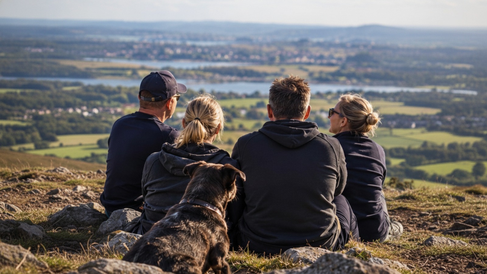 A friendly group sitting together on a hilltop