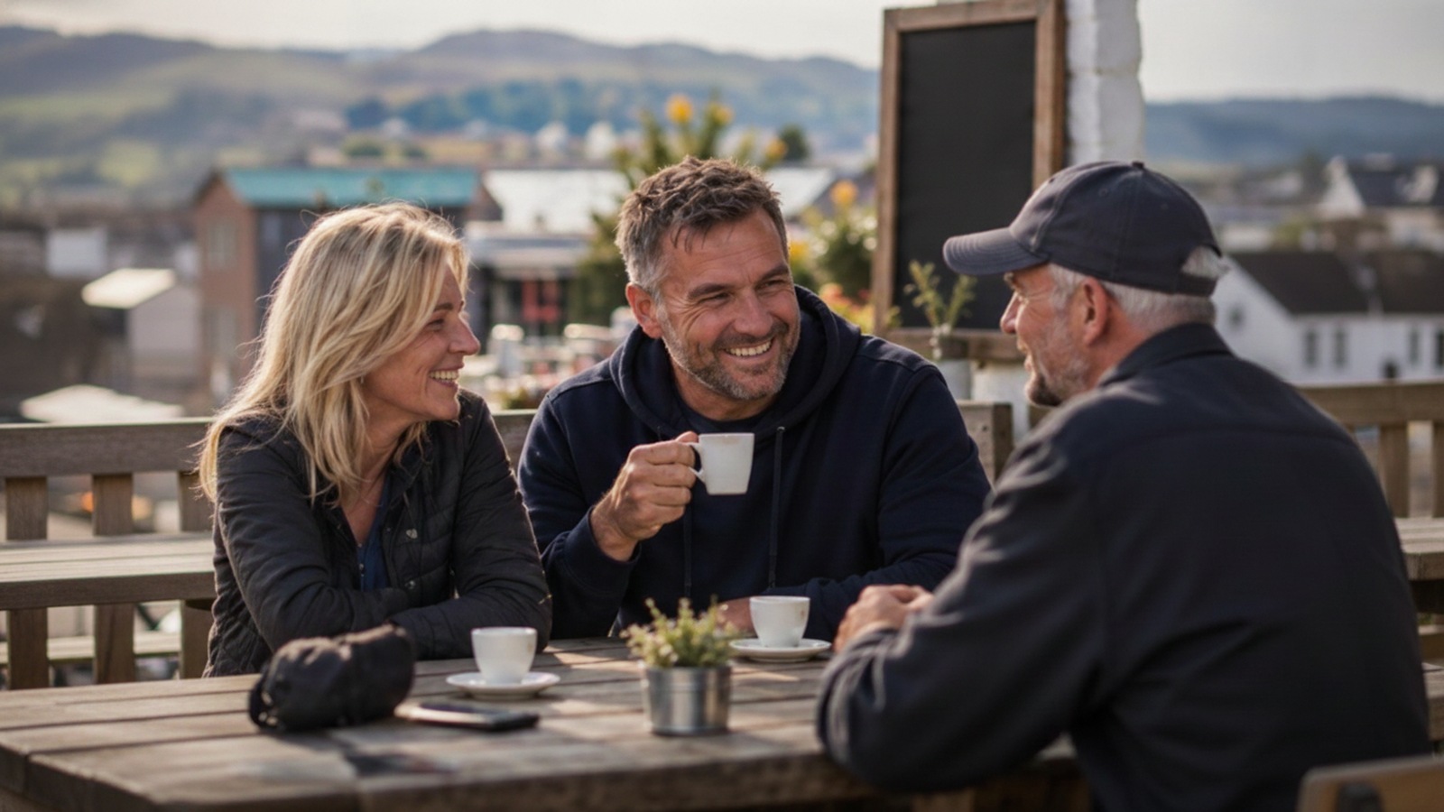 Friends chatting over coffee outside