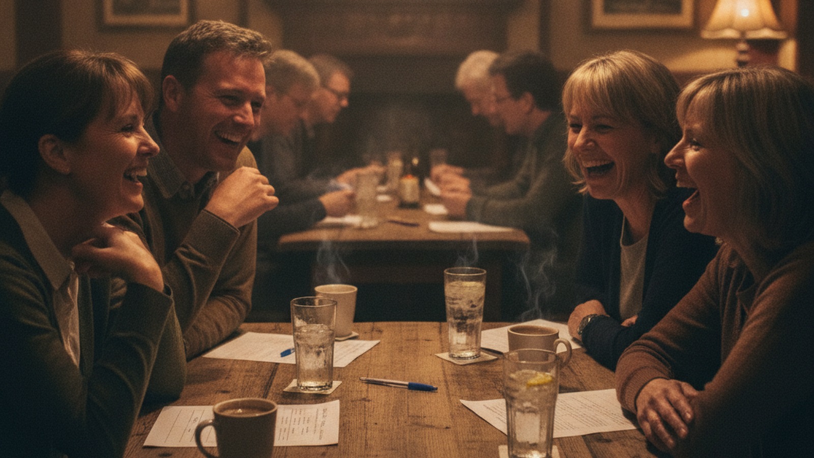 Friends laughing together at a quiz night