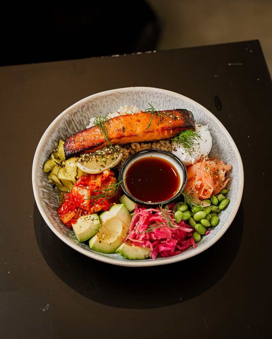 Miso Salmon Bowl with aburi salmon, avocado, edamame, kimchi and ponzu dressing