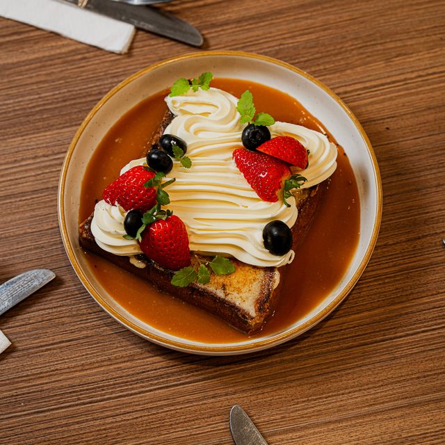Brûléed French Toast with mascarpone and strawberries