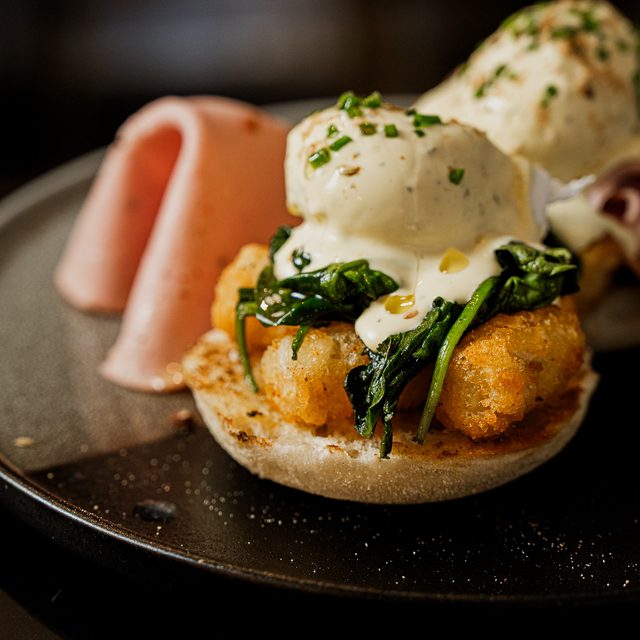 Eggs Benny with smoked mortadella and yuzu hollandaise