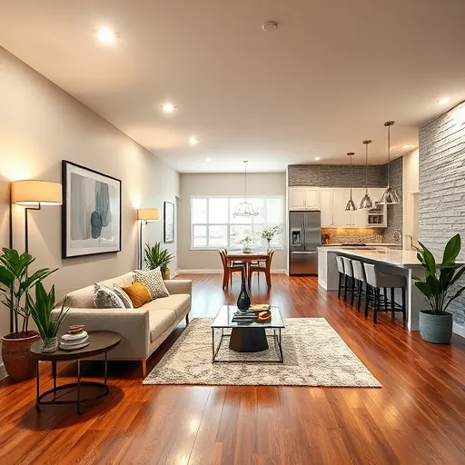 Modern interior remodeling in Crete, IL, featuring open living space, elegant furnishings, and warm lighting.
