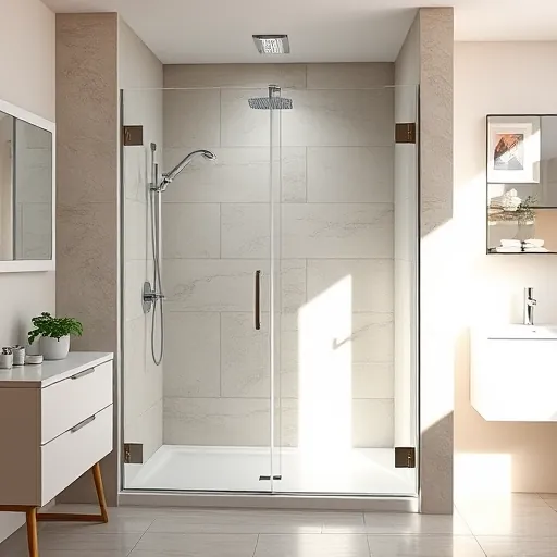 Renovated East Chicago shower with glass doors, chrome fixtures, large neutral tiles, and minimalist bathroom decor