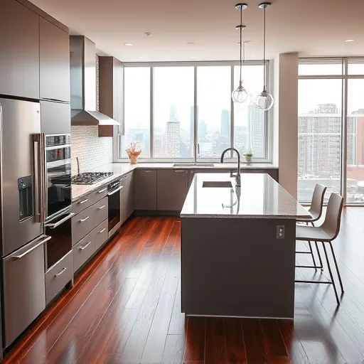 Newly renovated kitchen in East Chicago features modern cabinetry, stainless steel appliances, and granite island countertop.