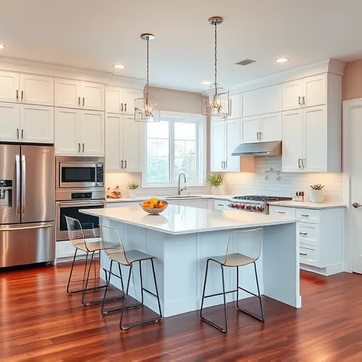 Modern kitchen remodel in East Chicago with sleek stainless steel appliances and elegant quartz island. Warm ambient lighting.