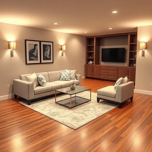 Beautiful finished East Chicago basement with hardwood floors modern decor cozy sectional and built-in entertainment area