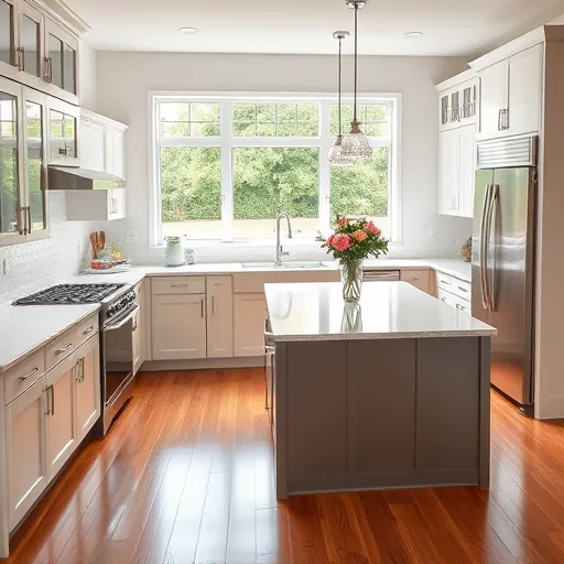 Modern kitchen remodel in Hammond IN with quartz countertops, custom cabinets, and natural light from large windows.