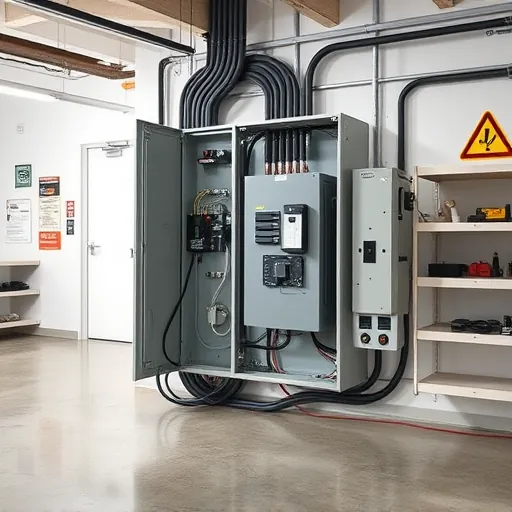Professionally installed modern electrical panel in a clean utility room with organized wiring, labeled components, and safety signage