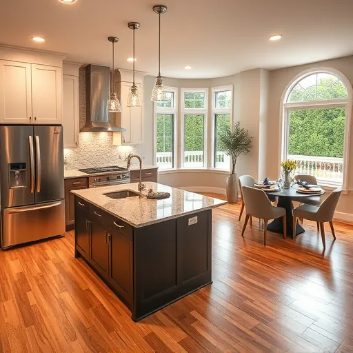 Modern kitchen remodel in Riverdale, IL with stainless steel appliances, granite island, custom cabinetry, and natural light.
