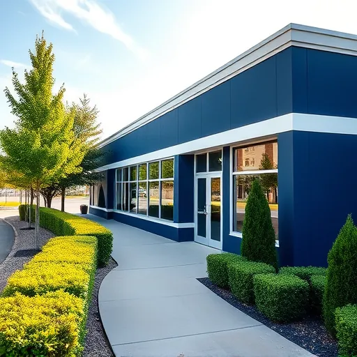 Completed exterior painting of a commercial building in East Chicago Indiana with vibrant navy and white accents.