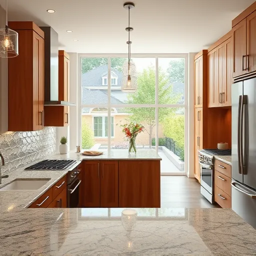 Remodeled kitchen in East Chicago with granite countertops, stainless steel appliances, wood cabinetry, and ample natural light.