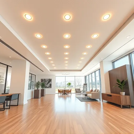 Recessed lighting in a modern commercial interior with textured ceiling polished floors minimalist decor and natural daylight