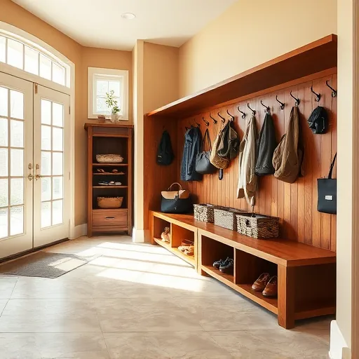 East Chicago mudroom with custom wooden benches, modern hooks, stain-resistant tile, neutral walls, natural light, stylish storage