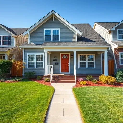 Freshly painted modern house in East Chicago with vibrant colors, immaculate edges, lush landscaping, and clear blue skies