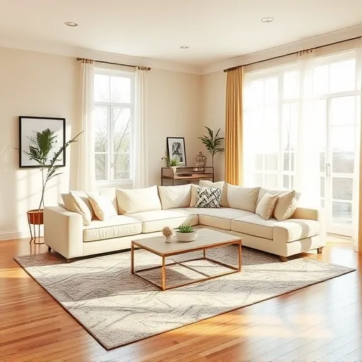 Neatly painted warm neutral living room in East Chicago with modern sofa, hardwood floors, large windows, and stylish decor