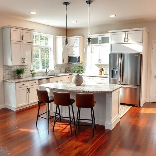 Beautifully redesigned kitchen in Lynwood IL with modern cabinetry, granite countertops, and polished hardwood flooring.