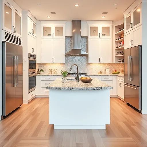 Modern kitchen remodel in Richton Park, IL features white cabinetry, granite island, stainless appliances, and elegant decor.