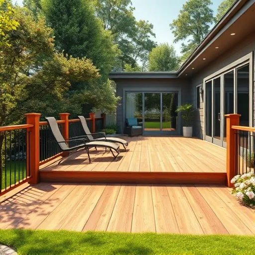 Beautiful wooden deck in East Chicago backyard with lush greenery, modern house, and inviting outdoor space