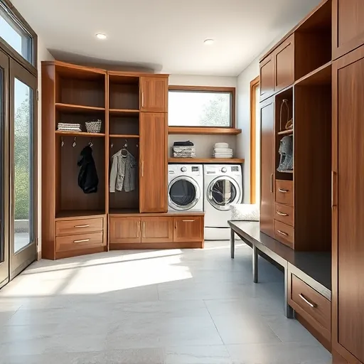 Remodeled East Chicago mudroom with wooden cabinets, tile flooring, stainless steel bench, organized hooks, and natural light
