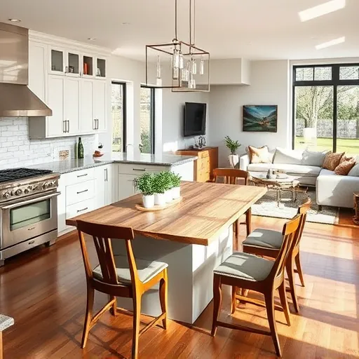 Modern kitchen remodel in Chicago Heights with granite countertops, custom cabinetry, wood island, and elegant dining area.