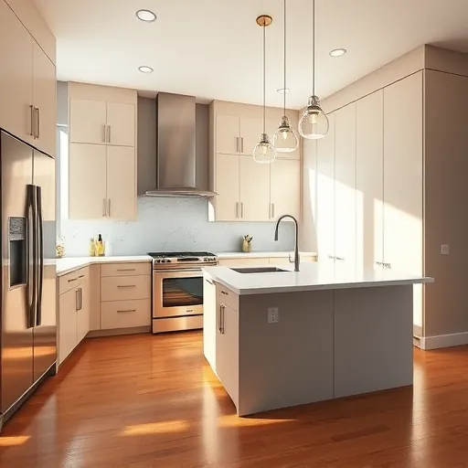 Modern East Chicago remodeled kitchen with high-gloss cabinetry quartz countertops stainless steel appliances hardwood floors and large window