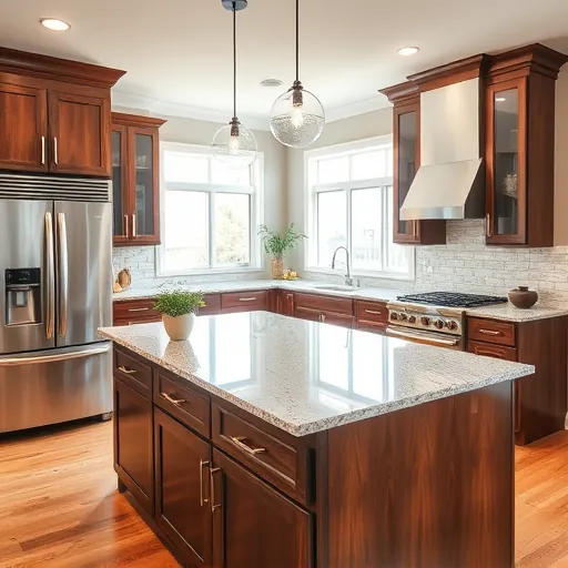 Stylishly remodeled kitchen in Tinley Park, IL features stainless appliances, granite island, wooden cabinetry, and natural light.