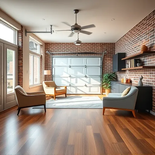 Modern garage conversion in East Chicago with hardwood floors, neutral walls, plush seating, built-in storage, and brick exterior