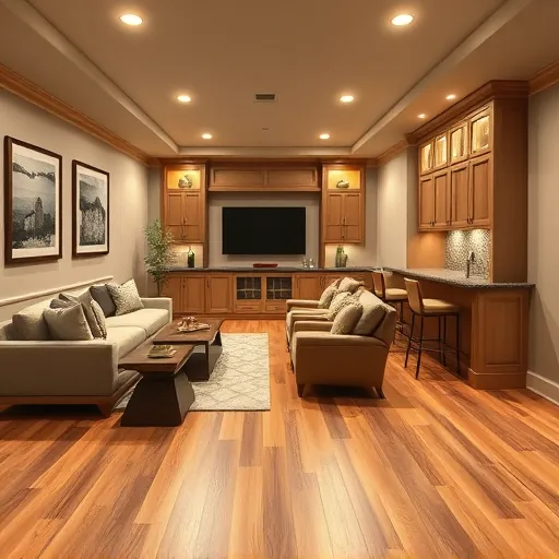 Modern finished basement in East Chicago with hardwood floors, beige walls, recessed lighting, custom cabinetry, and cozy seating