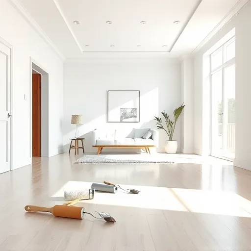 Interior of East Chicago home with pristine white matte walls, painting tools, modern decor, natural light, and polished craftsmanship