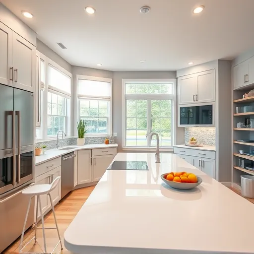 Modern kitchen remodel in Roxana IN featuring custom cabinetry, white quartz counters, and stylish island with bar stools.
