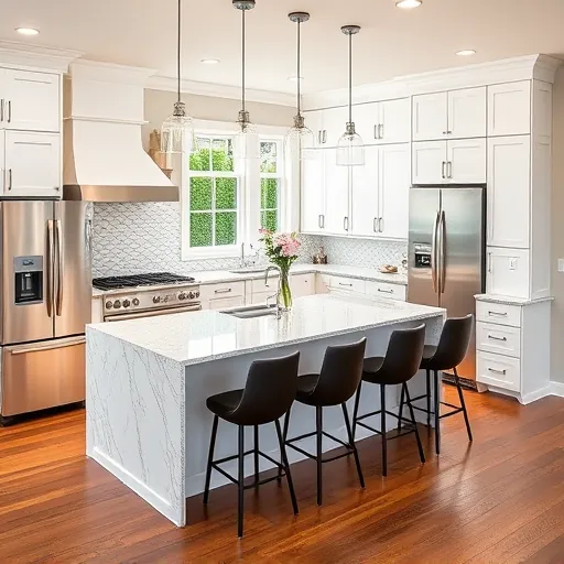 Sleek modern kitchen remodel in South Holland with white cabinetry, granite countertops, and natural light flooding in.